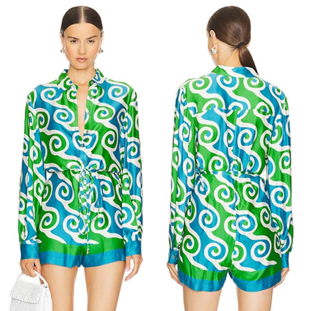 NWT Alexis Qu Swirl Satin Button Collared Long-Sleeve Green Blue Romper Size: L